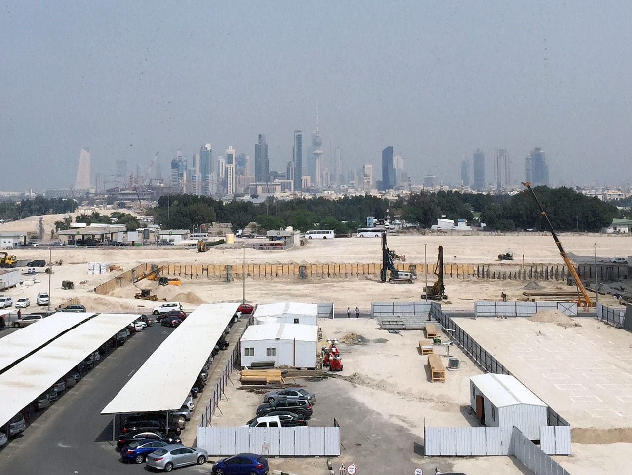 Kuwait City's skyscrapers as viewed from the Arab Fund Building. (all images by the author for Hyperallergic unless otherwise noted)