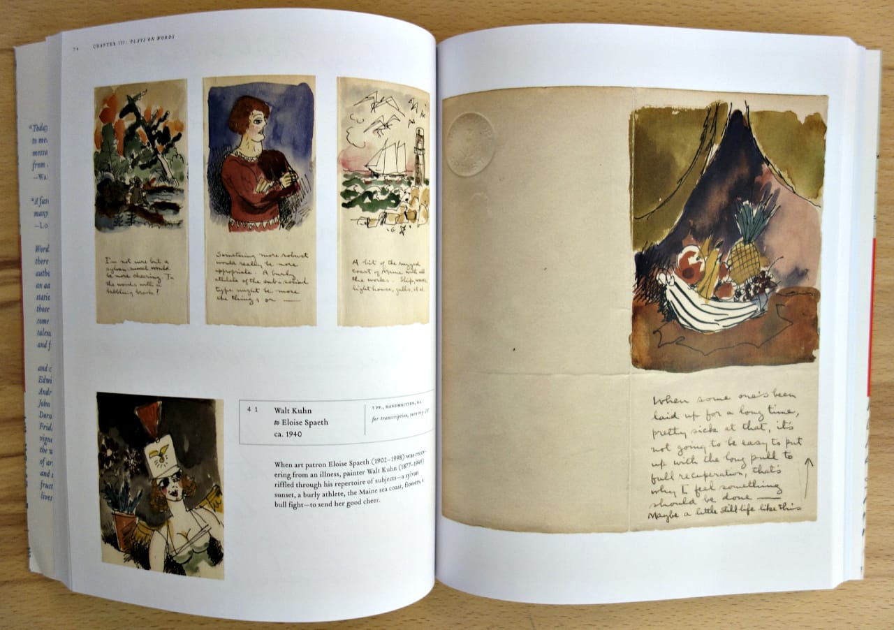 Pages from 'More than Words' showing letters from Walt Kuhn sent to cheer art patron Eloise Spaeth during illness, in 1940. (photo of the book by the author for Hyperallergic)
