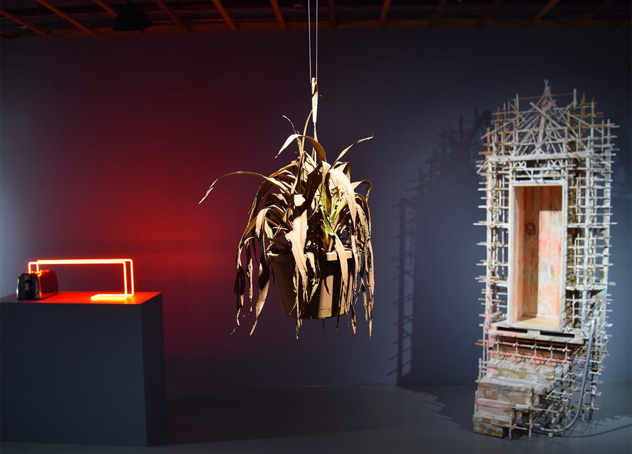 Installation view of 'New American Sculpture' at FiveMyles with, from left to right, works by Clive Murphy, Lindsay Dye, and Asif Mian