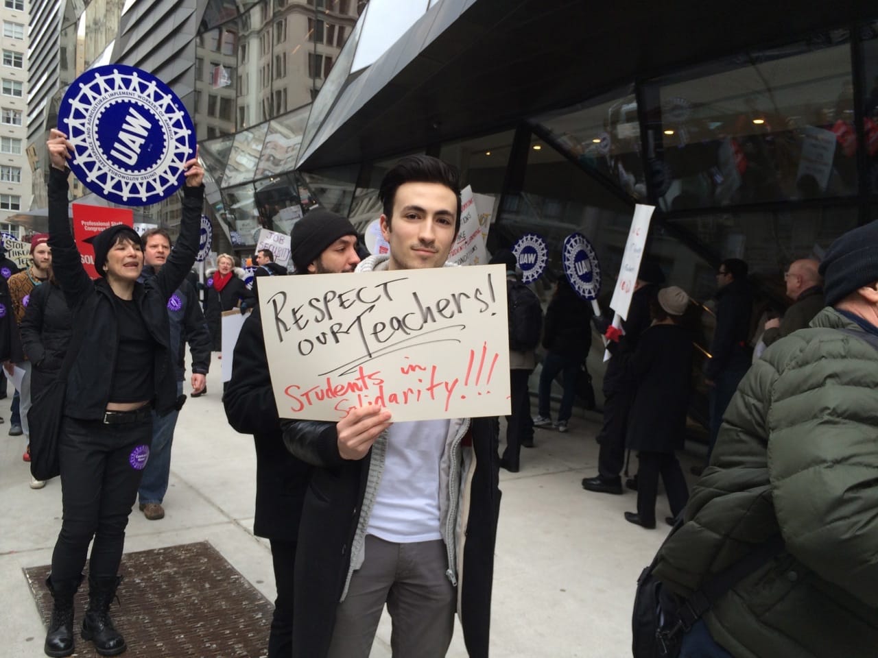 Protesters outside the New School's University Center (photo by Mira Schor)
