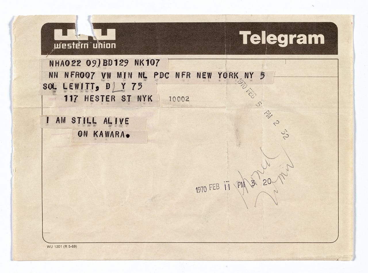 On Kawara, "Telegram to Sol LeWitt, February 5, 1970" (1970), from 'I Am Still Alive' series (1970–2000), telegram, 5 3/4 x 8 in (LeWitt Collection, Chester, Connecticut)