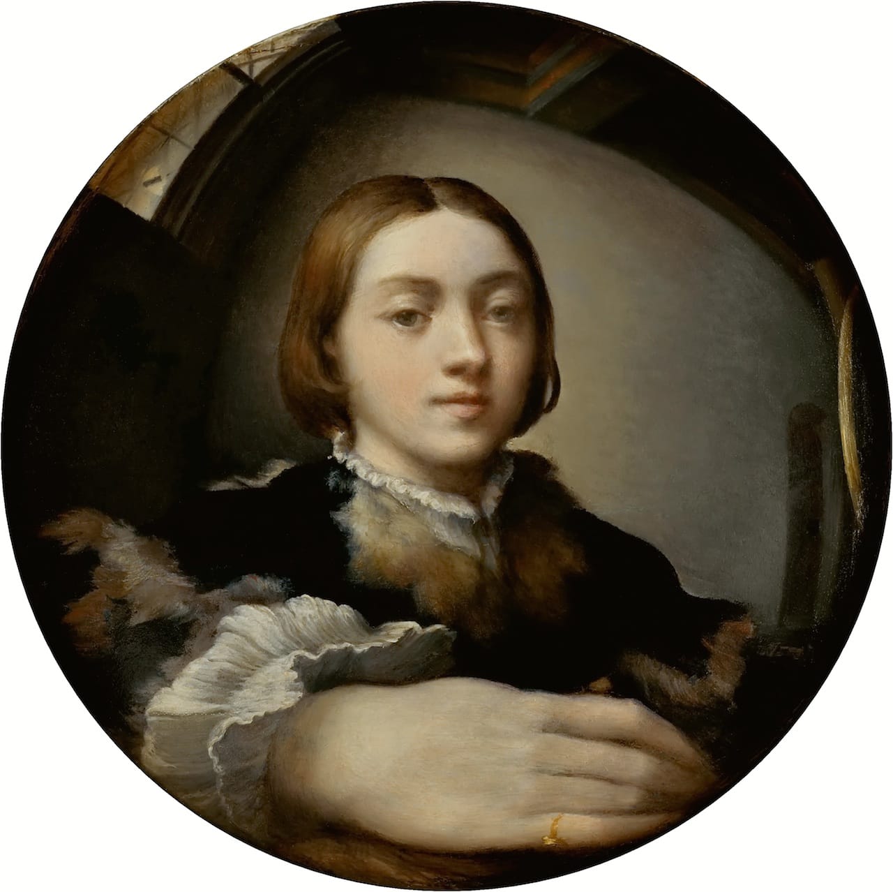 Parmagiannino, Self-Portrait in a Convex Mirror, 1524,  Oil on convex wood panel, 9.6 inches in diameter (LINK TO WIKIMEDIA)