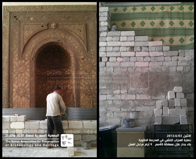 These slides demonstrate how conservationists are working to preserve the historic heritage in Syria. Here a conservation worker is covering a historian wooden mihrab (prayer niche) with a 40cm deep protective wall. The project took nine days. (courtesy US Department of State)