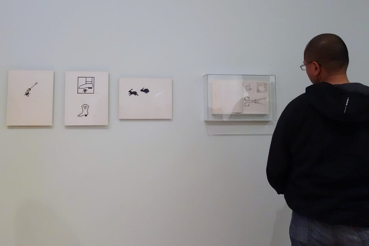 Susan Kare, "Sketches for Graphic User Interface Icon" (1982), ink on graph paper (gift of the designer, 2015, photo by the author for Hyperallergic)