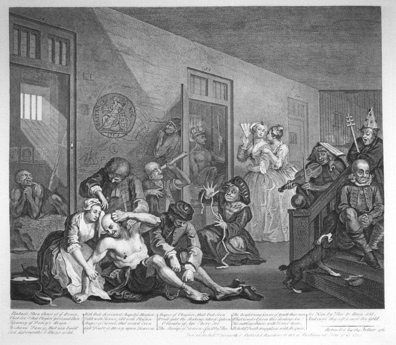 The eighth image in the engraved version of William Hogarth's 'A Rake's Progress,' showing Tom Rakewell at Bethlehem Hospital, aka Bedlam (1735) (via Wikimedia Commons)