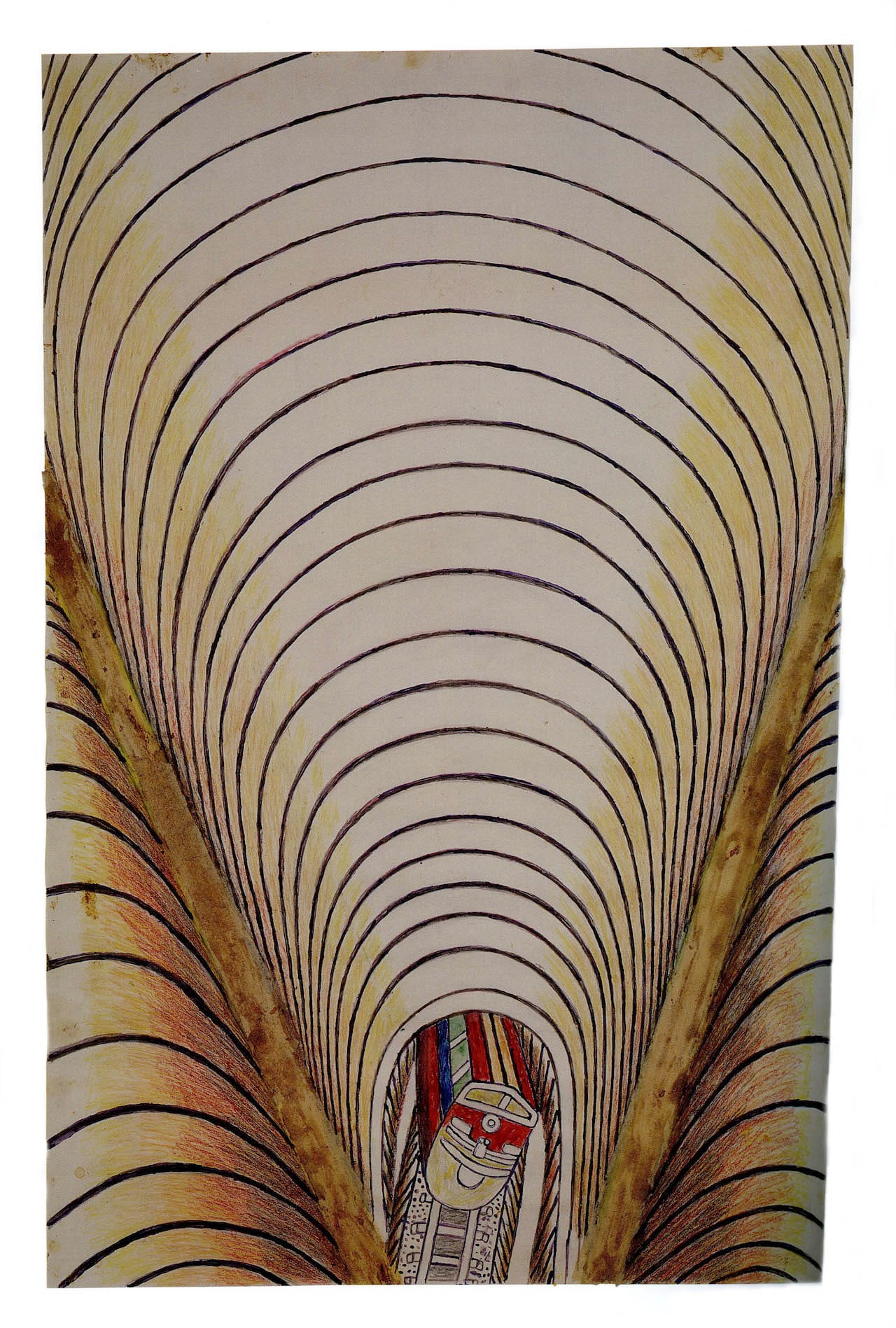 Untitled (Train and Tunnel) c. 1950 Pencil, colored pencil, crayon, watercolor and collage on paper 36 x 24 in; 91.44 x 60.96 cm