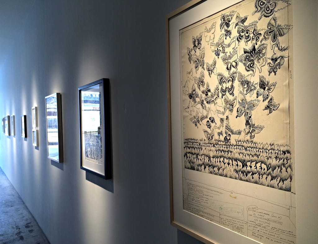 Installation view of Victor Moscoso's 'Psychedelic Drawings, 1967-1982' at Andrew Edlin Gallery (photo by the author for Hyperallergic)