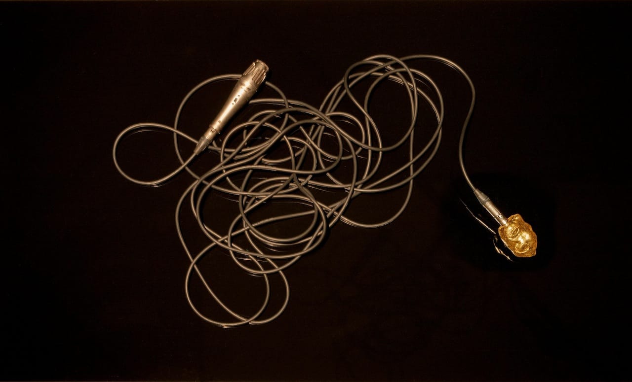 Garrett Phelan, "Ethereal Assemblage – MD-4000 Vintage Microphone and Undiscovered Celtic Gold 2500 BC (2015), sculpture, black plinth, from 'A Voodoo Free Phenomenon'