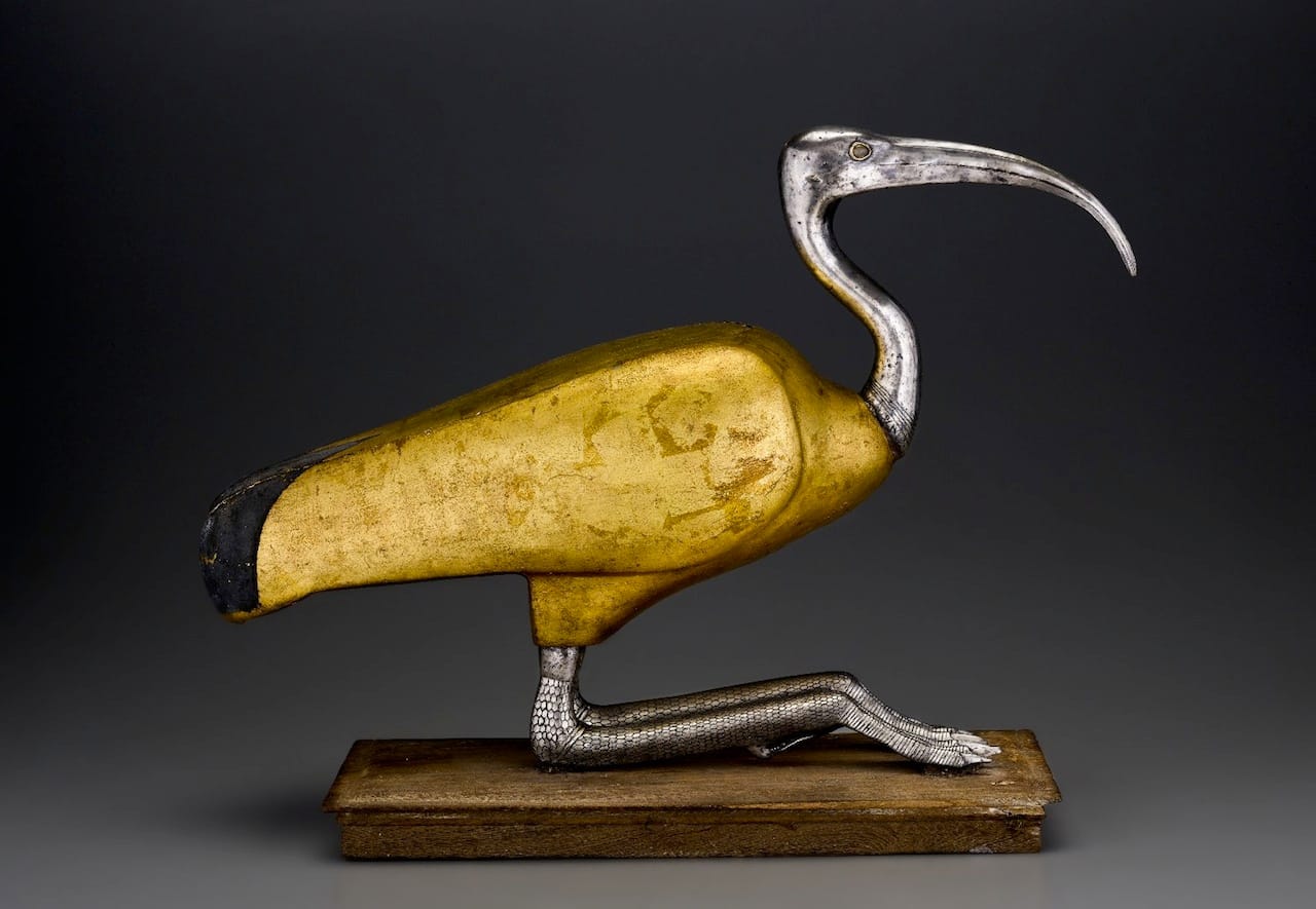 Ibis Coffin, 305–30 BCE, wood, silver, gold, and rock crystal, animal remains, linen, 15 1/16 x 7 15/16 x 21 15/16 in (38.2 x 20.2 x 55.8 cm), Brooklyn Museum, Charles Edwin Wilbour Fund (photo by Gavin Ashworth, courtesy Brooklyn Museum)