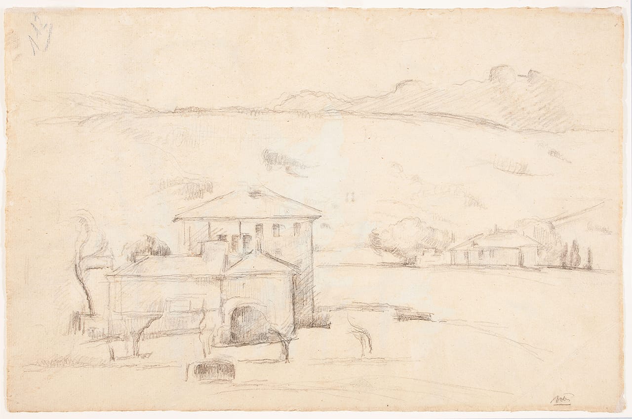 The other newly discovered sketch: Paul Cézanne, "Trees" (Arbres) (c. 1900, possibly earlier), watercolor and graphite on laid paper, sheet: 12 3/16 x 18 11/16 in (31 x 47.5 cm), on the back of "Houses in Landscape with the Pilon du Roi"(photo © 2015 The Barnes Foundation)