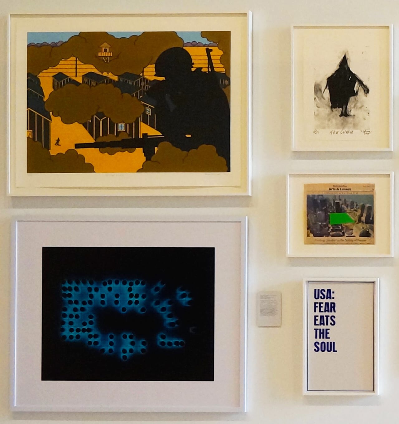A cluster of works in the "Course of Empire" section of 'America Is Hard to See,' including Roger Shimomura, "American Guardian" (2007, top left), Richard Serra, "Abu Ghraib" (2004, top right), and Rirkrit Tiravanija, "White Columns 100" (2005, bottom right) (photo by Jillian Steinhauer for Hyperallergic)