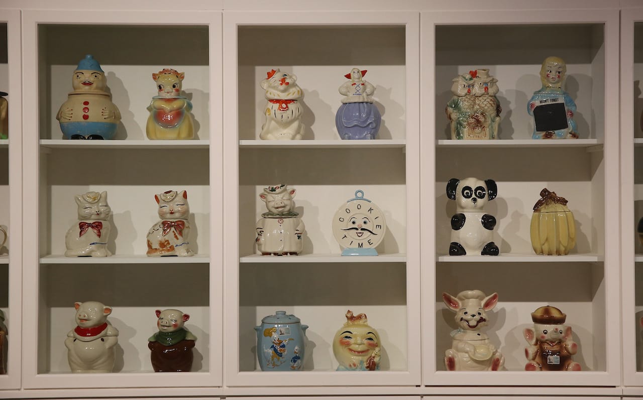 LONDON, ENGLAND - FEBRUARY 11: Cookie jars formerly in the Andy Warhol collection are displayed at the Magnificent Obsessions: The Artist as Collector exhibition at the Barbican Art Gallery on February 11, 2015 in London, England. This is the first major exhibition in the UK to present the personal collections of post-war and contemporary artists. Ranging from mass-produced memorabilia and popular collectibles to one-of-a-kind curiosities, rare artefacts and specimens, these collections provide insight into the inspirations, influences, motives and obsessions of artists. Magnificent Obsessions: The Artist as Collector opens at the Barbican Art Gallery in London on February 12, 2015 until - May 25, 2015. (Photo by Peter Macdiarmid/Getty Images for Barbican Art Gallery)