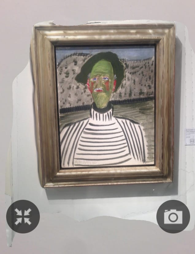 Milton Avery, "Artist in Striped Shirt" (1962), oil on canvas mounted to a wood strainer, 20 x 16 inches