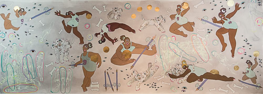 Amaryllis DeJesus Moleski, "Instructions for a Home Team" (2014), gouache, watercolor, tea, marker, and acrylic on paper, 114.75 x 41.75 in (all images courtesy MoCADA) (click to enlarge)