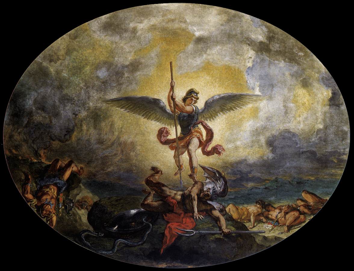 Eugène Delacroix, "Saint Michael defeats the Devil" (ca. 1854–61), a painting on the ceiling of the church of Saint-Sulpice in Paris. (via Wikimedia Commons)