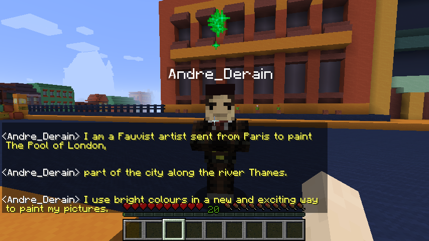 André Derain's avatar greeting you inside the Minecraft version of his artwork.