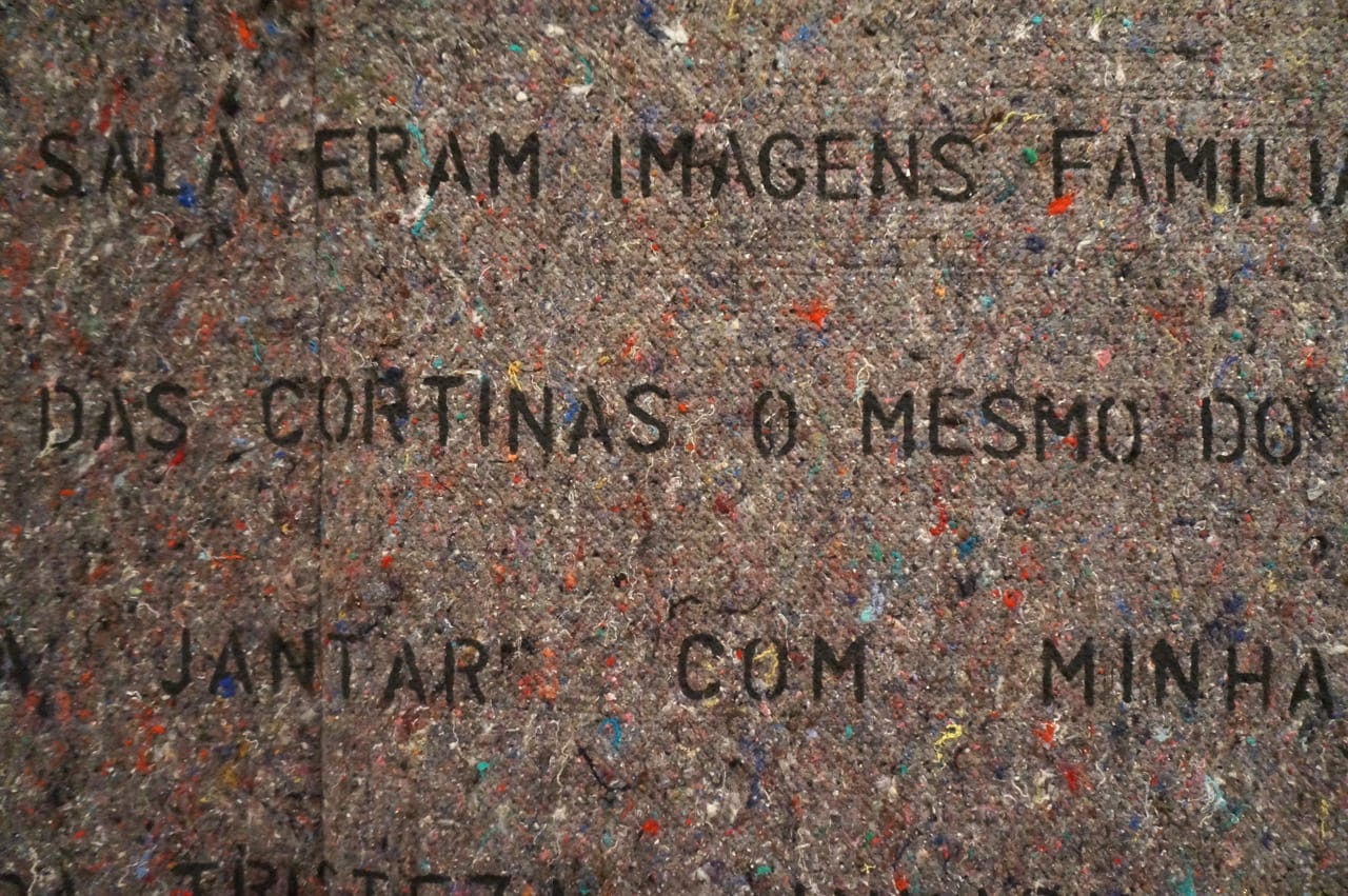 Flavia Berindoague, detail of "The Storytellers" (2014), institutional blanket, acrylic paint, stone, and nail, 7.5 x 6 ft (click to enlarge)