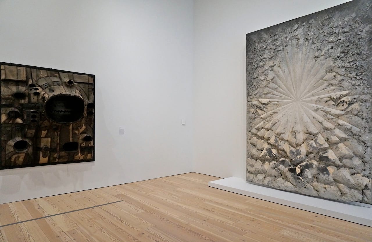 Left: Lee Bontecou, "Untitled, 1961" (1961), welded steel, canvas, wire, and rope; right: Jay DeFeo, "The Rose" (1958–66), oil with wood and mica on canvas (click to enlarge)