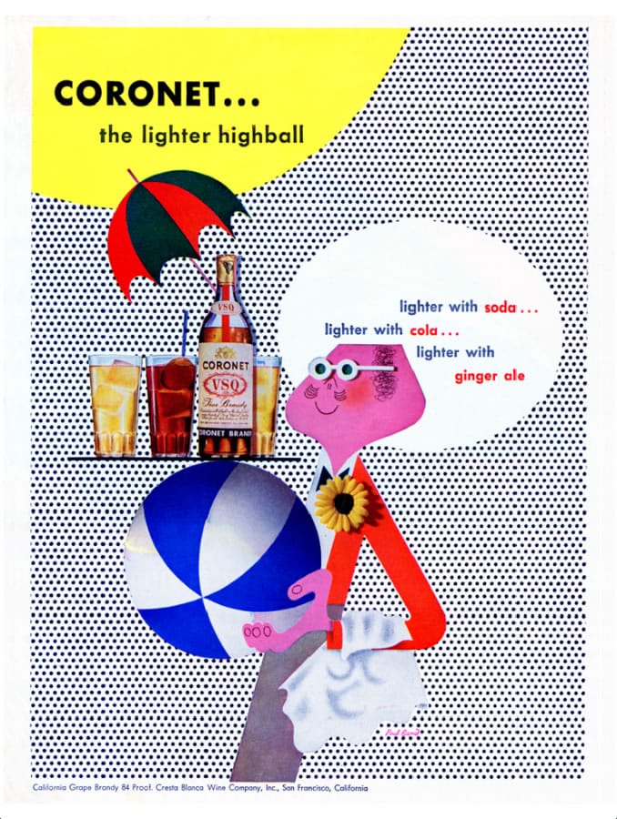 1717_Everything is Design_Paul Rand_Courtesy of Museum of City of NYCoronet Brandy magazine advertisement1946advertisement Private CollectionCoronet Brandy advertisement with Coronet man holding a beach ball, designed by Paul Rand. 