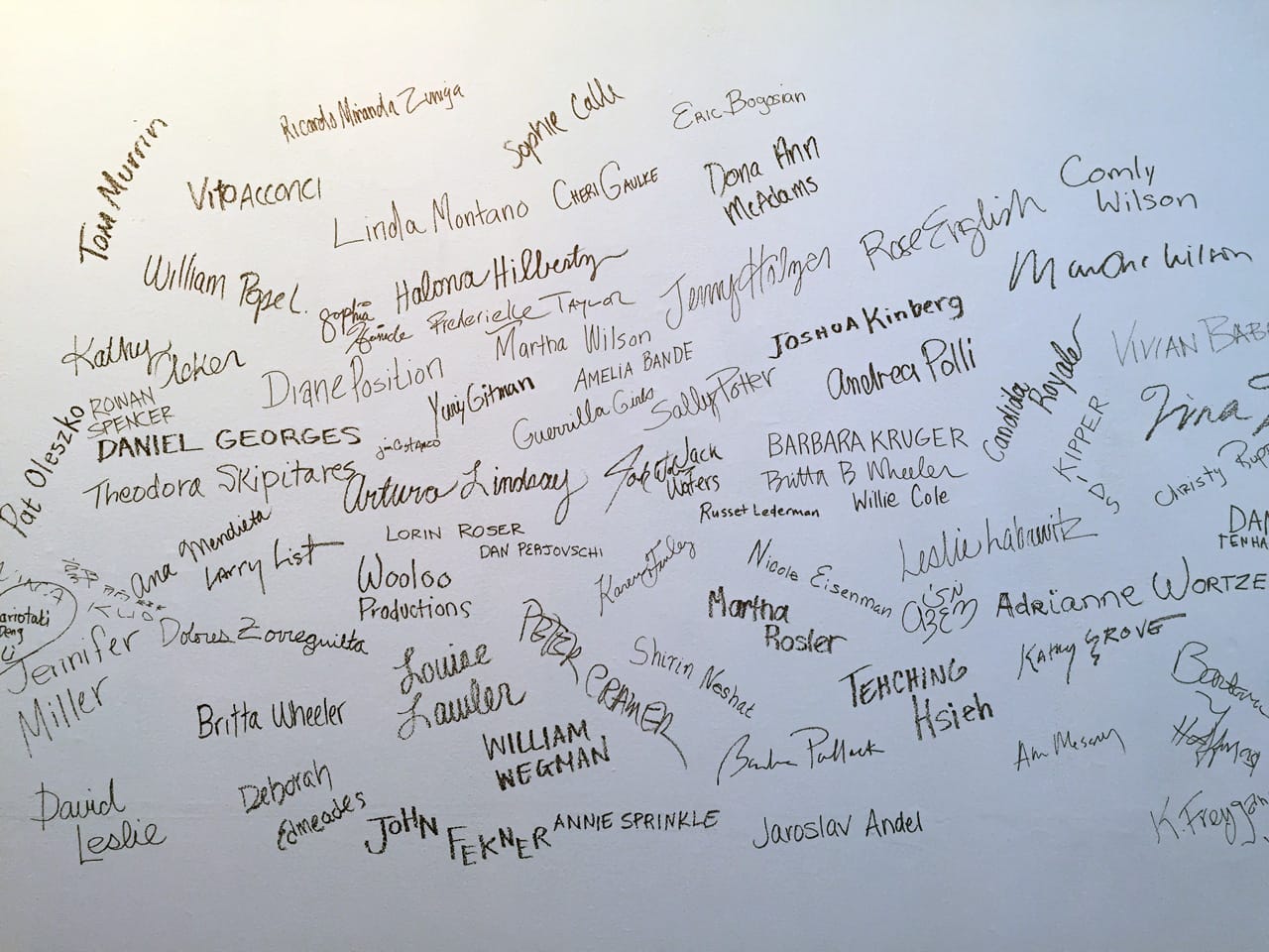 Photo of wall containing the names and some signatures of artists who have presented work with Franklin Furnace, Performing Franklin Furnace, Pratt Manhattan Gallery, 2015