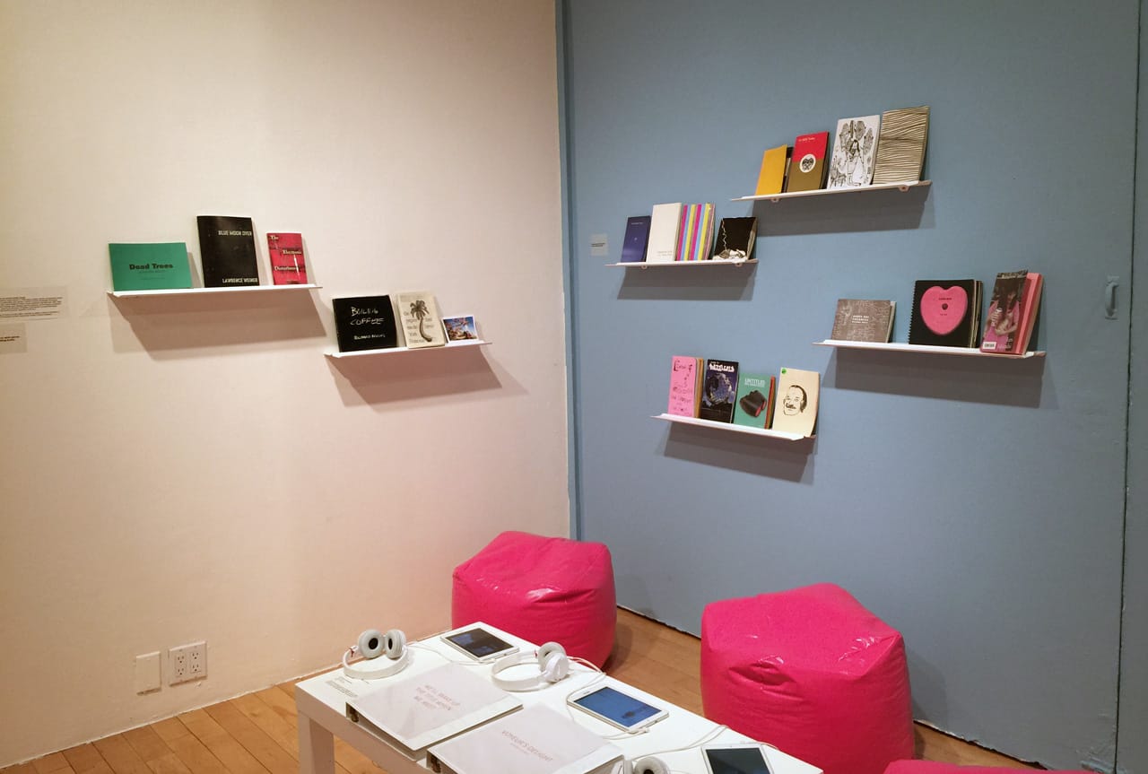 Installation view of art book collection at Performing Franklin Furnace, Pratt Manhattan Gallery, 2015