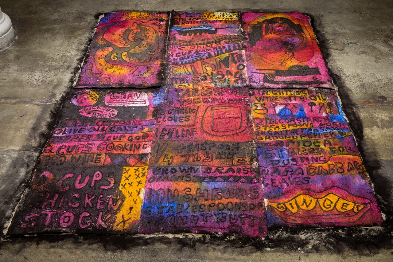 Installation view of the "paint-rugs" in Summer Wheat's 'Walk-In Pantry'