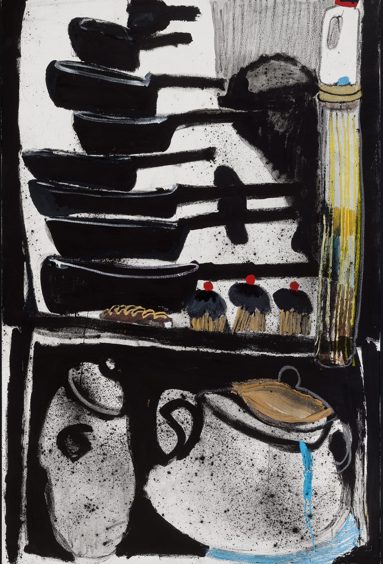 Summer Wheat, “Stack of pans” (2015), oil and oil bar on canvas, 72 x 48 in (click to enlarge)