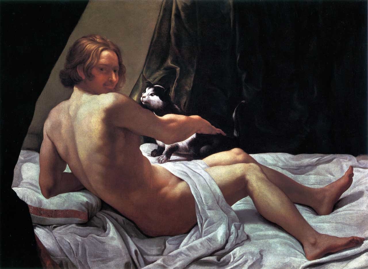 Giovanni Lanfranco, “Young Naked Man on a Bed with Cat” (1620-1622) Oil on canvas, 113 x 160 cm, England © Private Collection