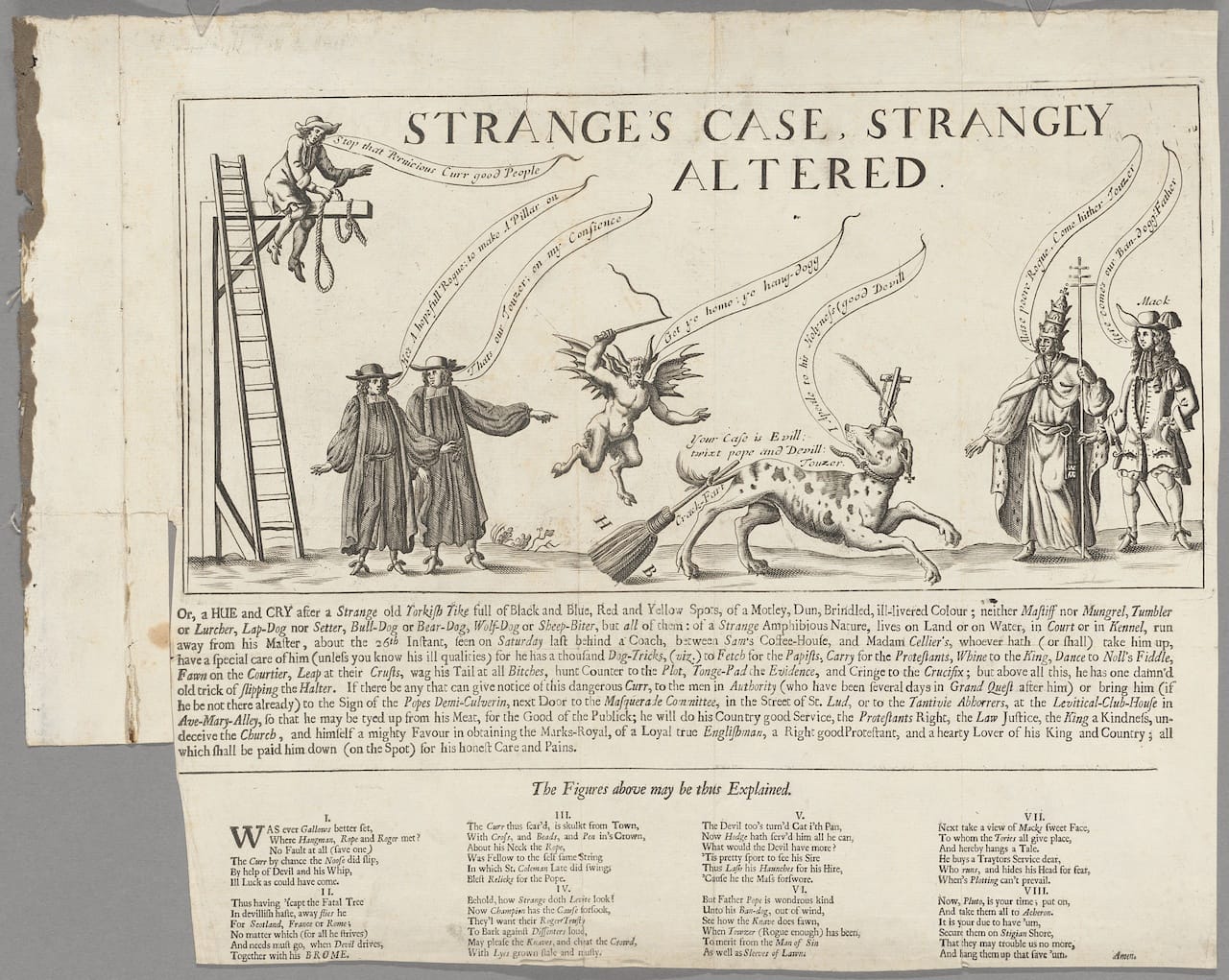 "STRANGE'S CASE, STRANGLY / ALTERED. / Or, a HUE and CRY after a Strange old Yorkish Tike full of Black and Blue, Red and Yellow Spots, of a Motley, Dun, Brindled, ill-livered Colour; neither Mastiff nor Mungrel, Tumbler" (courtesy Houghton Library)