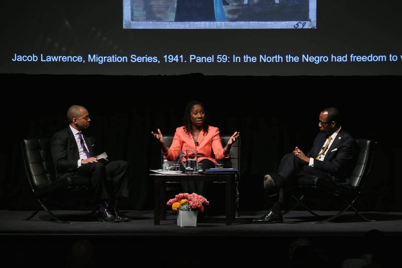 Khalil Gibran Muhammad, Sherrilyn Ifill, and Cornell Brooks at "Jacob Lawrence’s Migration Series and the Legacy of Jim Crow: The Long History of the Artist’s Concerns" on Wednesday, April 15, 2015 at The Museum of Modern Art. Photo: Keith Smith. 