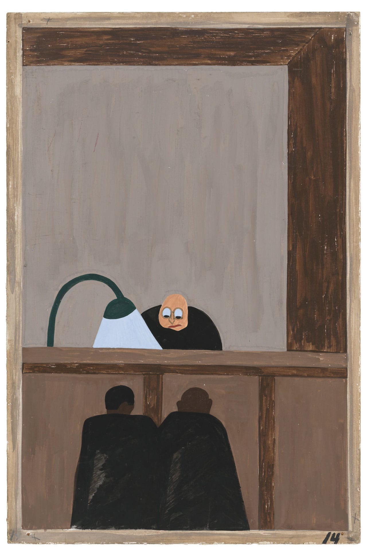 Jacob Lawrence. The Migration Series. 1940-41. Panel 14: “Among the social conditions that existed which was partly the cause of the migration was the injustice done to the Negroes in the courts.” Casein tempera on hardboard, 18 x 12″ (45.7 x 30.5 cm). The Museum of Modern Art, New York. Gift of Mrs. David M. Levy. © 2015 The Jacob and Gwendolyn Knight Lawrence Foundation, Seattle / Artists Rights Society (ARS), New York. Digital image © The Museum of Modern Art/Licensed by SCALA / Art Resource, NY. All images and photographs courtesy of MoMA.