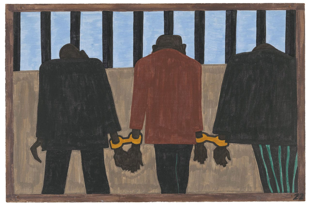 Jacob Lawrence. The Migration Series. 1940-41. Panel 22: “Another of the social causes of the migrants’ leaving was that at times they did not feel safe, or it was not the best thing to be found on the streets late at night. They were arrested on the slightest provocation.” Casein tempera on hardboard, 18 x 12″ (45.7 x 30.5 cm). The Museum of Modern Art, New York. Gift of Mrs. David M. Levy. © 2015 The Jacob and Gwendolyn Knight Lawrence Foundation, Seattle / Artists Rights Society (ARS), New York. Digital image © The Museum of Modern Art/Licensed by SCALA / Art Resource, NY. 