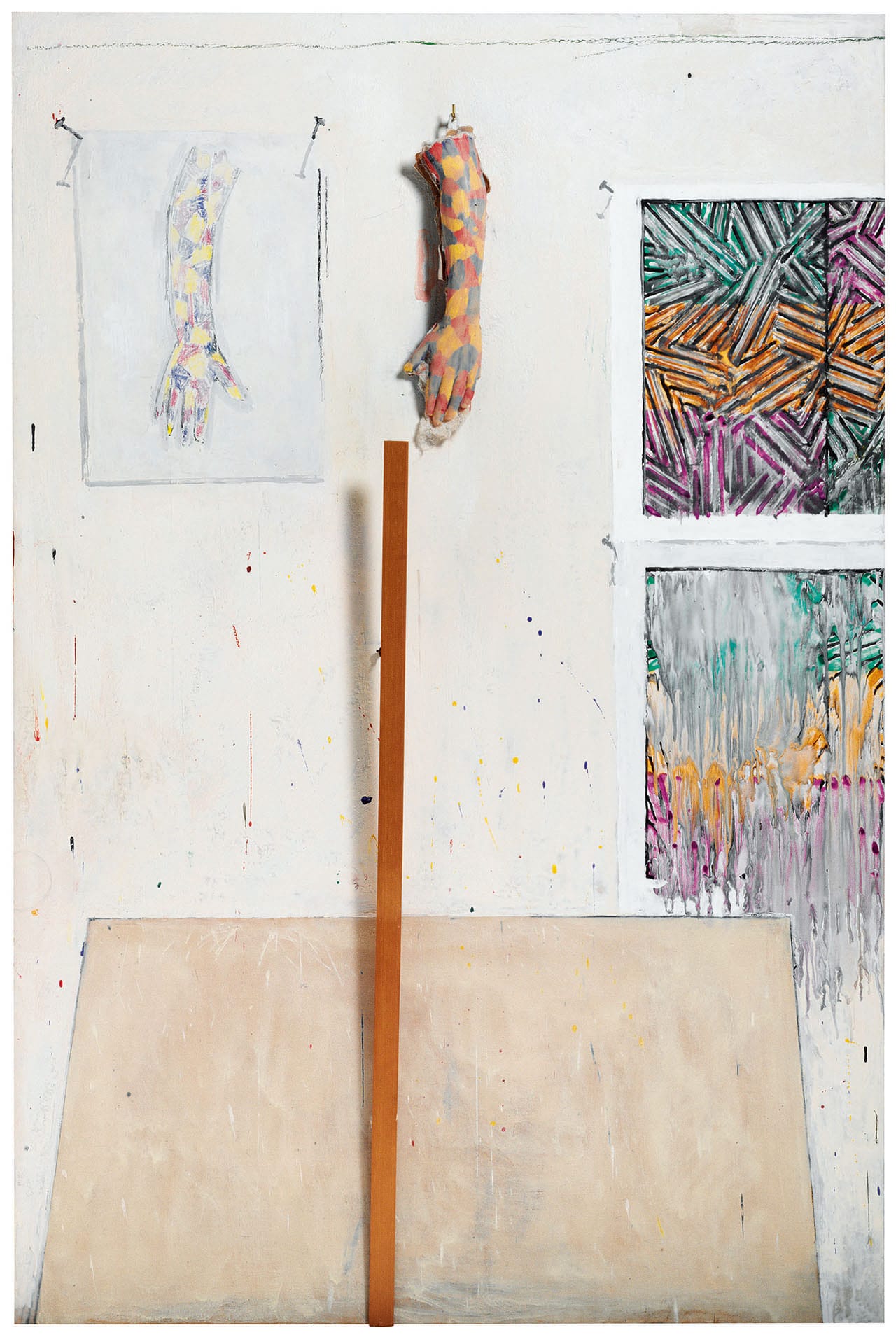 Jasper Johns, "In the Studio" (1982), encaustic and collage on canvas with objects, 72 × 48 × 5 inches (182.9 × 121.9 × 12.7 cm), collection of the artist (© Jasper Johns/Licensed by VAGA, New York) (click to enlarge)