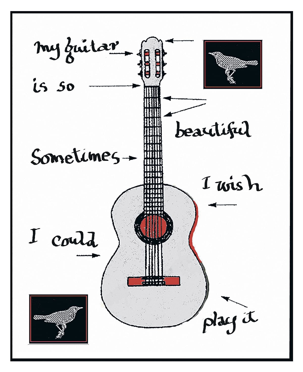 “My guitar” Permanent pigment ink on archival 300 lb. watercolor paper, 38 x 30.5 cm (edition of 50) (Courtesy of Leonard Cohen)