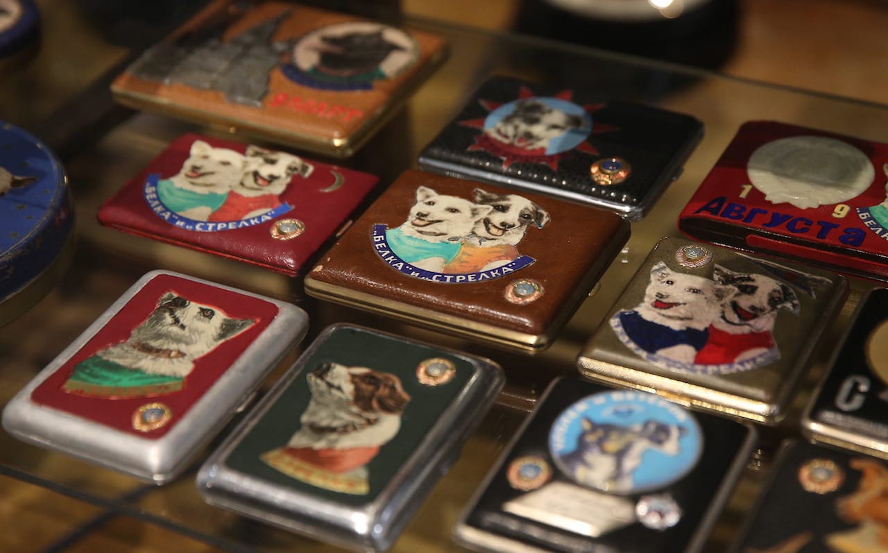 LONDON, ENGLAND - FEBRUARY 11: Space Dogs memorabillia belonging to Martin Parr are displayed at the Magnificent Obsessions: The Artist as Collector exhibition at the Barbican Art Gallery on February 11, 2015 in London, England. This is the first major exhibition in the UK to present the personal collections of post-war and contemporary artists. Ranging from mass-produced memorabilia and popular collectibles to one-of-a-kind curiosities, rare artefacts and specimens, these collections provide insight into the inspirations, influences, motives and obsessions of artists. Magnificent Obsessions: The Artist as Collector opens at the Barbican Art Gallery in London on February 12, 2015 until - May 25, 2015. (Photo by Peter Macdiarmid/Getty Images for Barbican Art Gallery)