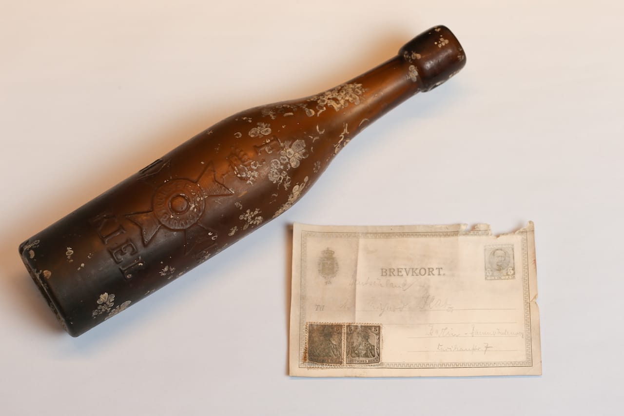 Message in a bottle discovered after 101 years in the Baltic Sea, now on view through May 1 at the International Maritime Museum Hamburg (courtesy International Maritime Museum Hamburg)