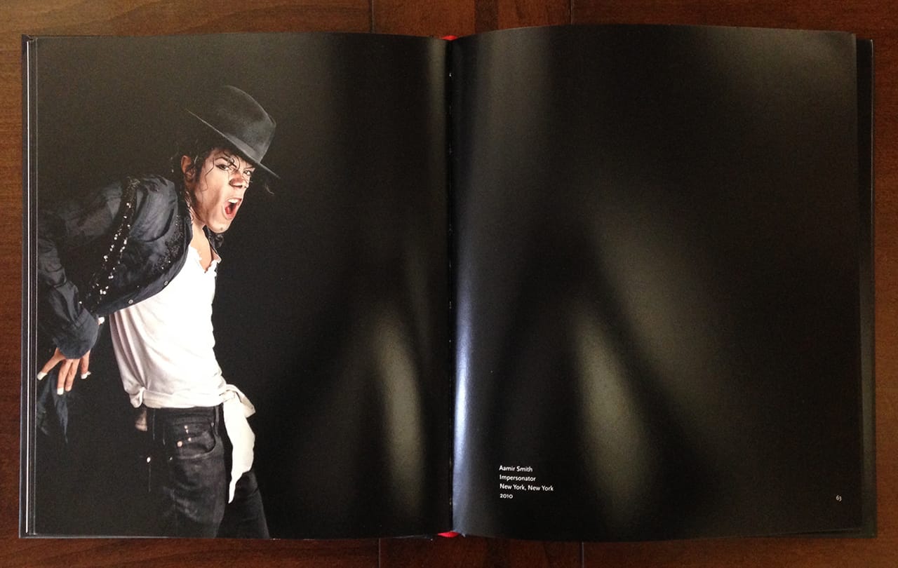 A spread from the book shows Aamir Smith, impersonator, in New York, New York, 2010