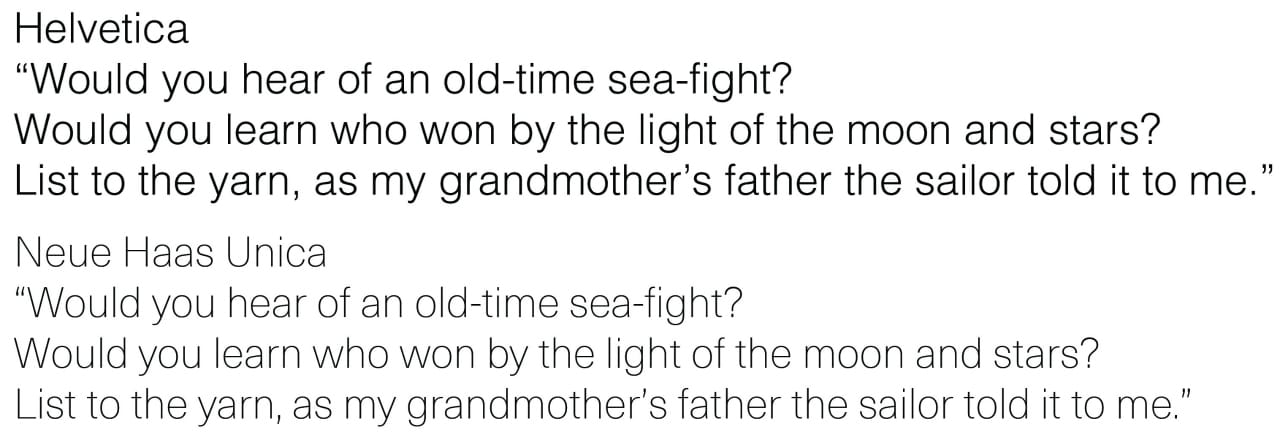 A comparison between the beginning of Walt Whitman's "Song of Myself: 35" in Helvetica and Neue Haas Unica Thin (image by the author for Hyperallergic)