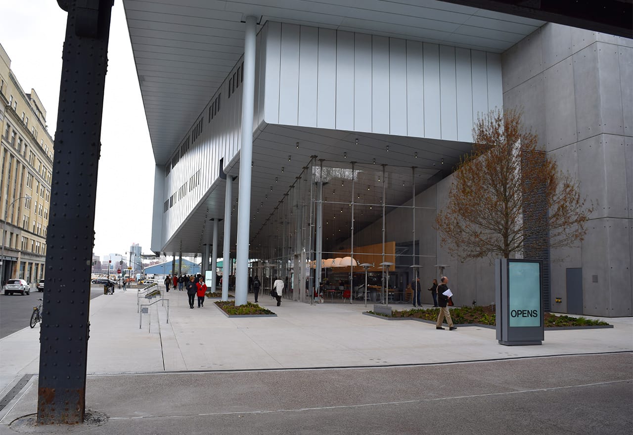 The entrance to the new Whitney Museum seen from beneath the High Line