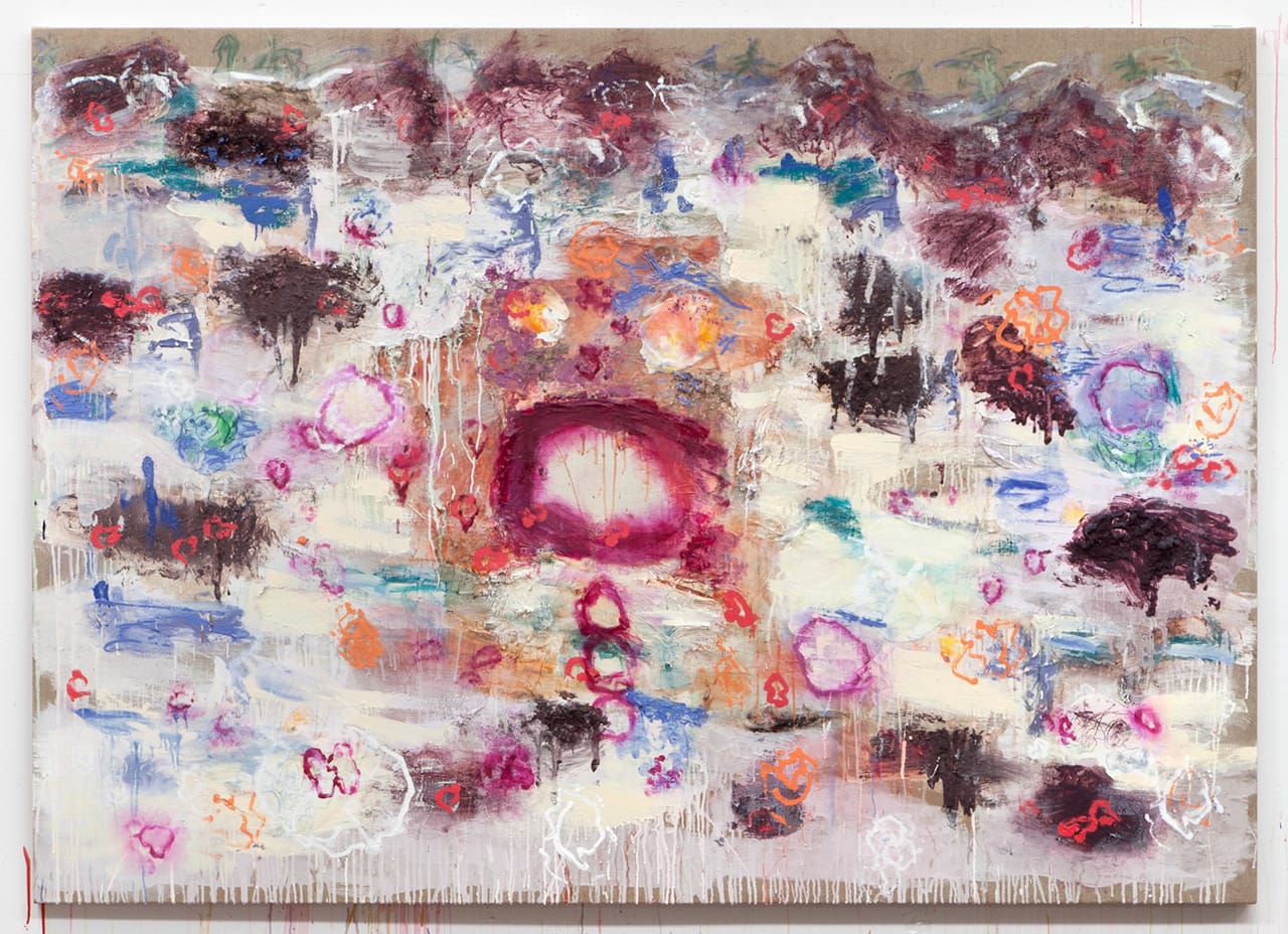Joan Snyder, "Lay of the Land" (2014), oil, acrylic, dirt, paper, pastel on linen, 60 x 84 in (© Joan Snyder, courtesy the artist)