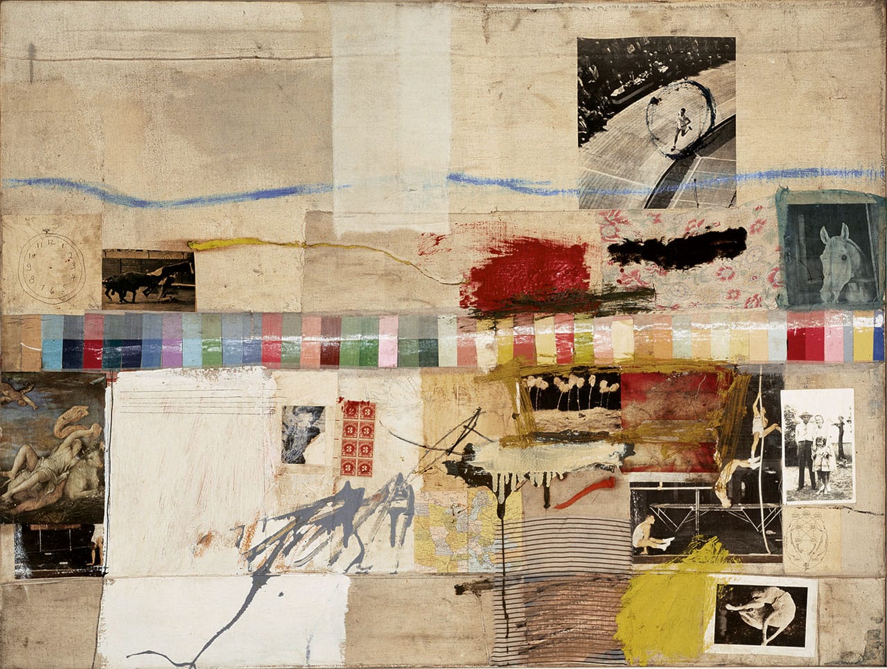 Robert Rauschenberg, "Small Rebus" (1956), oil, pencil, paint swatches, paper, newspaper, magazine clippings, black-and-white photograph, map fragments, fabric, and three-cent stamps on canvas, 37 ⅜ × 46 ¼ inches (95 × 117.5 cm) (The Museum of Contemporary Art, Los Angeles. The Panza Collection, © Robert Rauschenberg Foundation/Licensed by VAGA, New York)