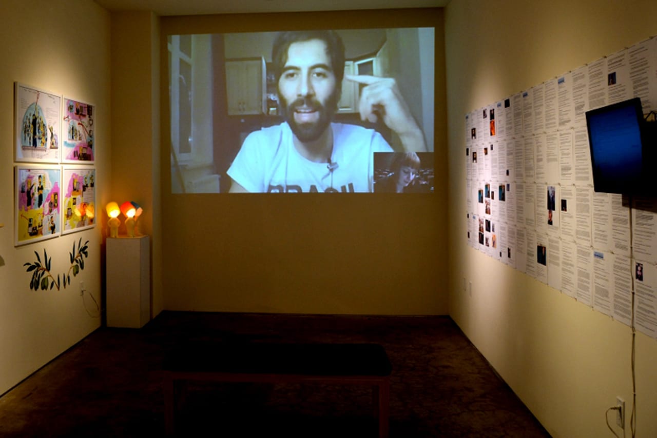 Installation view of Angela Washko's solo exhibition 'A Monopoly on Truth' at San Diego Art Institute (all images courtesy the artist)