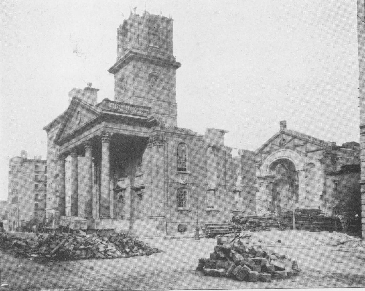 St. John's Chapel being demolished (1918) (courtesy American Scenic and Historic Preservation Society/Metropolitan History)