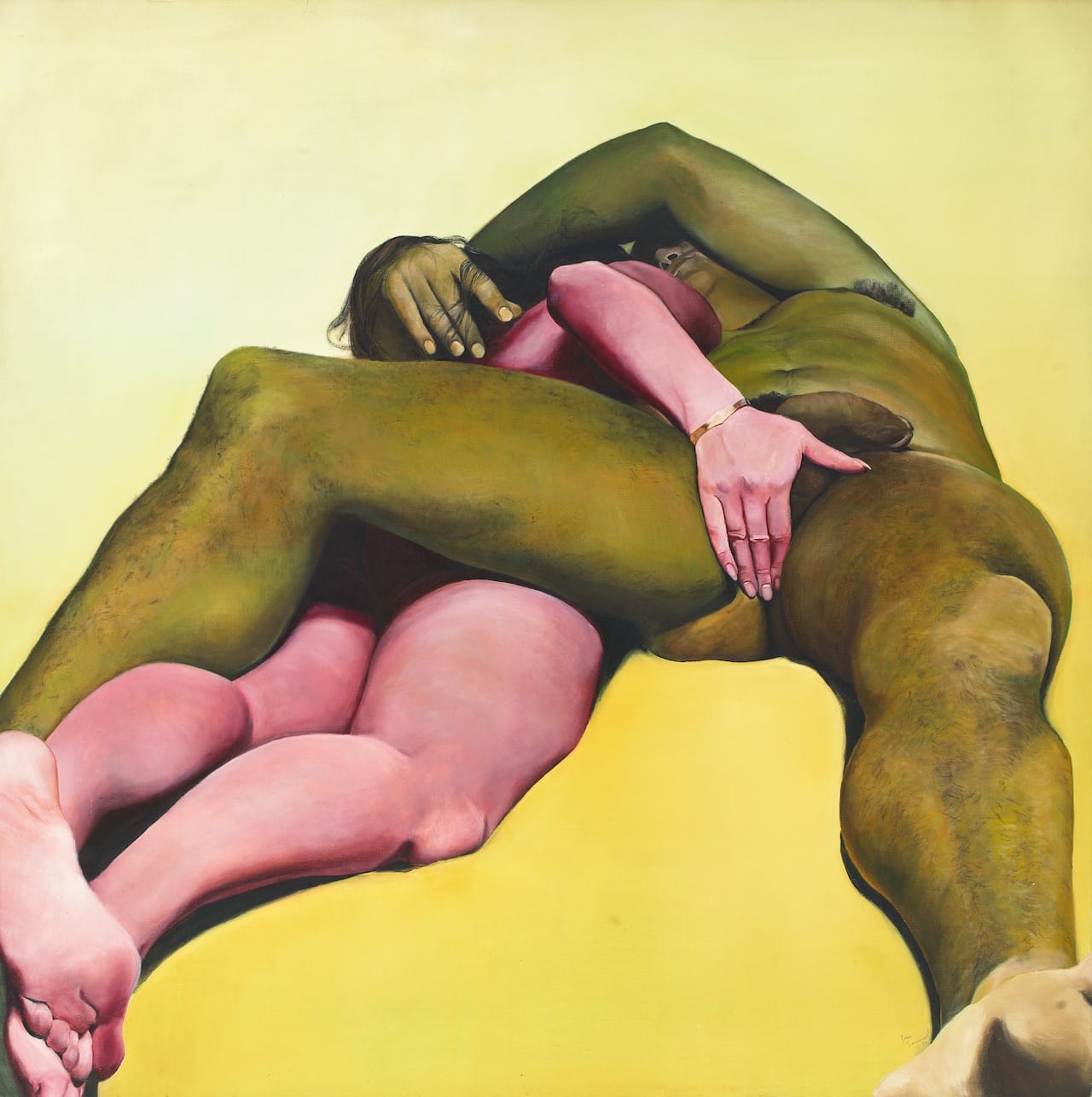 Joan Semmel, "Erotic Yellow" (1973), oil on canvas, 72 x 72 in (© Joan Semmel, courtesy the artist and Alexander Gray Associates) (click to enlarge) 
