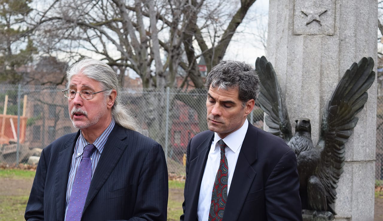Kuby and Geoffrey hold a press conference in front of the pedestal that briefly held a bust of Edward Snowden. (all photos by the author for Hyperallergic)