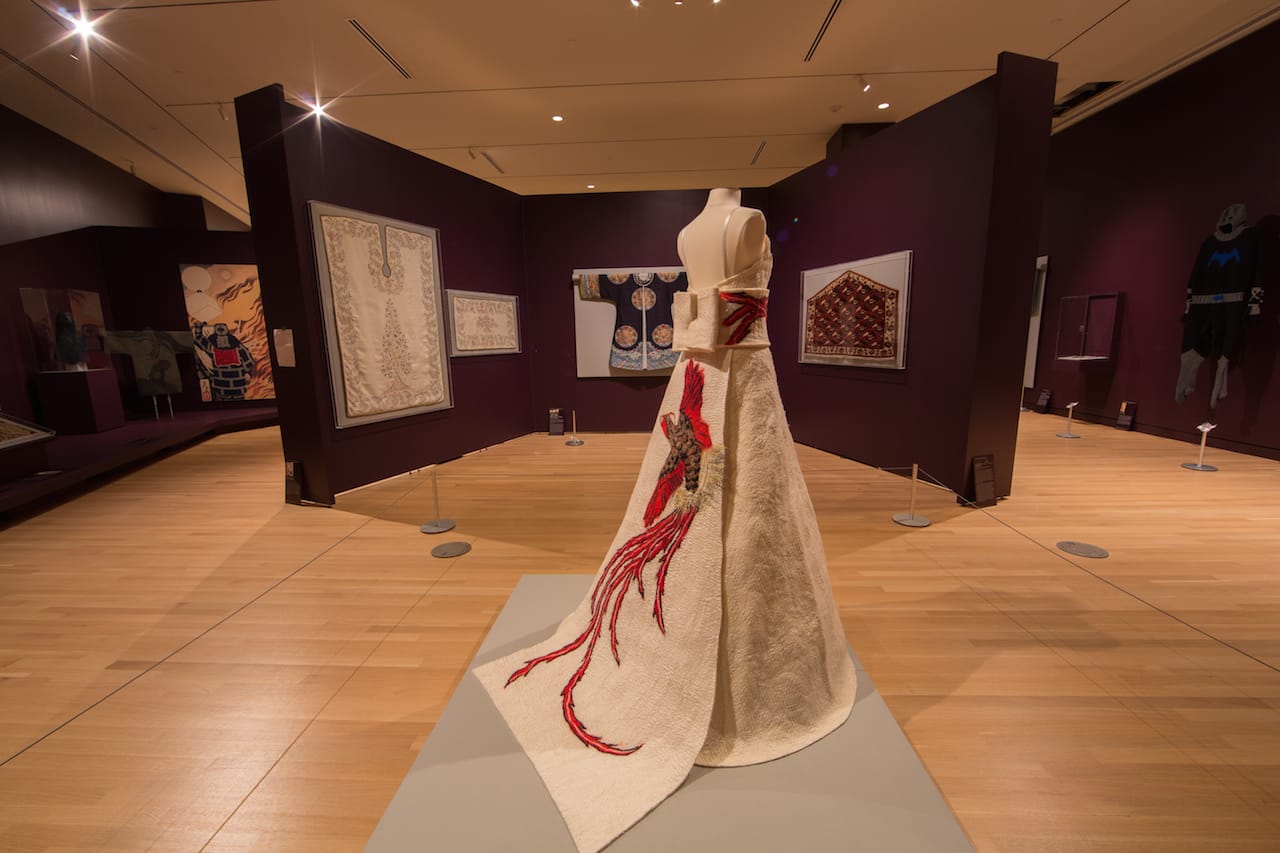 Installation view of 'Unraveling Identity' with Arlette Muschter and Claudy Jongstra, Wedding Dress Japonesque, the Netherlands, 2000 (Cincinnati Art Museum purchase, Lawrence Archer Wachs Fund; photo by William Atkins, courtesy The George Washington University)