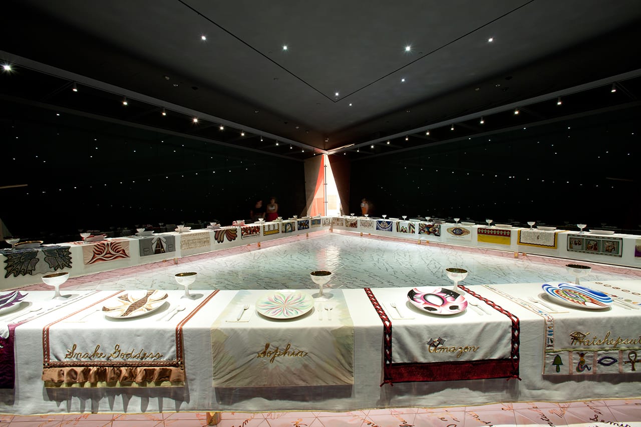 Judy Chicago, "The Dinner Party" (TK), installation view at the Brooklyn Museum (photo by JongHeon Martin Kim, courtesy the Brooklyn Museum)