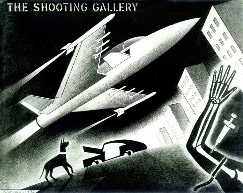 Anton van Dalen, "The Shooting Gallery" (1982), pencil drawing (23 x 29") (image courtesy the artist)