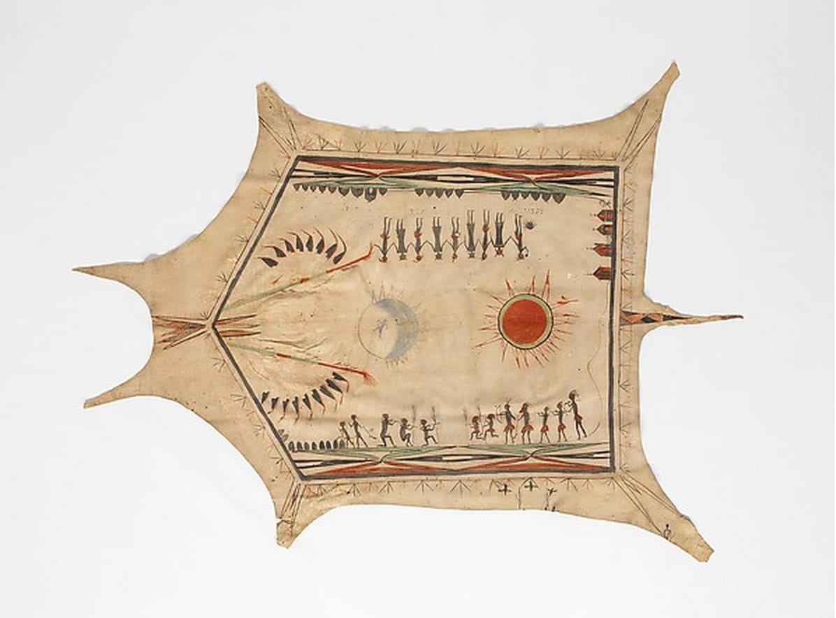 "Three Villages Robe", Quapaw, 1740, Native-tanned leather, pigment,  Musée du quai Branly, Paris, made available by the EDF Foundation and Martine and Bruno Roger