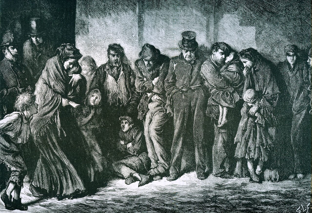 Houseless and Hungry.engraving by Luke Fildes 1869.copyright Cardiff University Library Special Collections and Archives